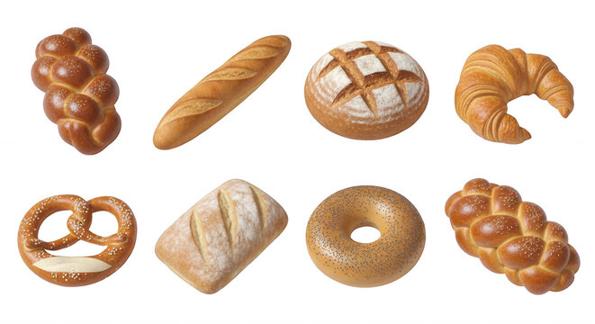 assorted baked goods arranged on white various bread types food advertising or recipe illustration