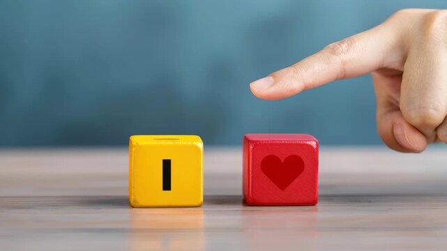 I Love You Blocks: A finger hovers over two colorful blocks, one yellow with the letter I and the other red with a heart symbol, conveying a message of affection and commitment.