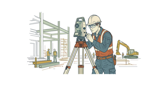 Land Surveyor Using Total Station at Construction Site