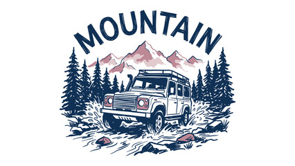Vintage off-road 4x4 vehicle expedition in mountain forest landscape illustration for adventure t-shirt design print and outdoors apparel merchandise © Rizalivn