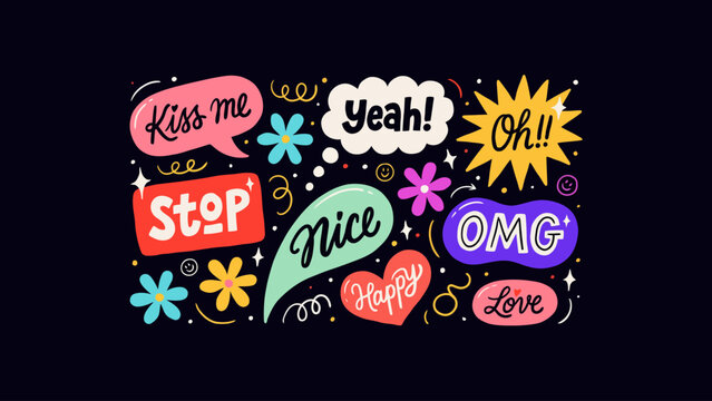 Comic speech graphics. Fun conversation bubbles with encouraging words and colorful accents for pop art, social media, stickers and youth branding.