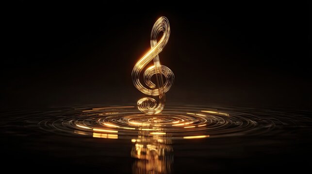 Golden treble clef, elegant, floating, ripples