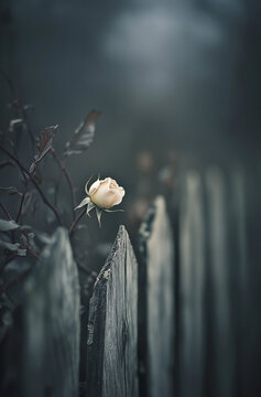 White rose bud on a weathered wooden fence in soft misty light, moody atmospheric photo