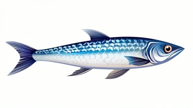 Sardine Illustration: A detailed illustration of a single sardine fish, showcasing its streamlined body, metallic scales, and distinct fin patterns, presented in a clear, vibrant depiction.
