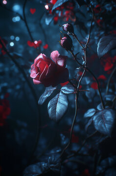 Red rose blooming in a dark moody garden with buds and blue-toned foliage, atmospheric photo
