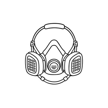 Line drawing of a half face respirator mask with dual filters, safety equipment icon
