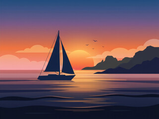 Fototapeta premium Silhouette of a sailboat on the ocean at sunset with mountains and clouds