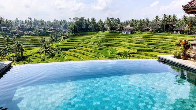 Terraced Rice Fields and Infinity Pool in Bali: An idyllic infinity pool reflects the vibrant green of terraced rice paddies.