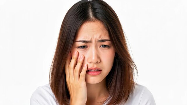 Distress and Discomfort: A young woman clutches her face in evident pain or worry, her brow furrowed and eyes showing a clear expression of distress.