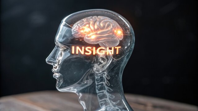 Transparent human head sculpture with glowing brain and the word "INSIGHT" symbolizing knowledge and understanding in thought