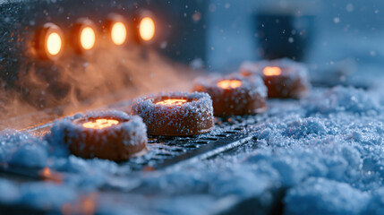 Fototapeta premium Frost-encrusted espresso machine buttons glowing warm in a cold winter atmosphere