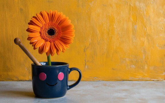 Vibrant orange gerbera in smiling blue pot against textured yellow wall.