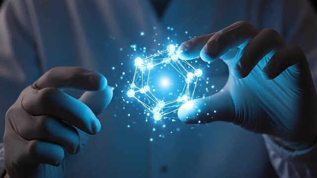 Gloved hands holding glowing abstract molecule in dark scientific research lab