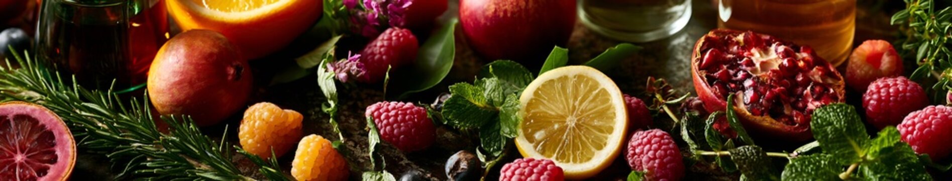 Late Summer Harvest Fresh raspberries, pomegranate, citrus and herbs arranged on a dark rustic surface with glass bottles