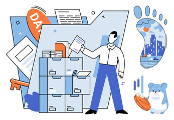 A professional organizing documents in a filing cabinet vector illustration. Data management, information storage, business workflow, digital archiving, corporate efficiency, office productivity © Dmytro