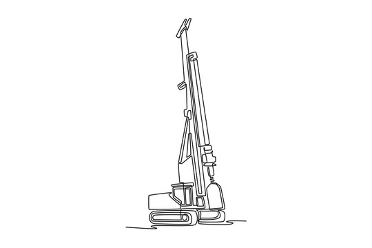 Continuous one line drawing industrial rotary drilling rig vehicle. Tall foundation piling mast, track system for deep boring and mining operations. Single line draw design vector graphic illustration