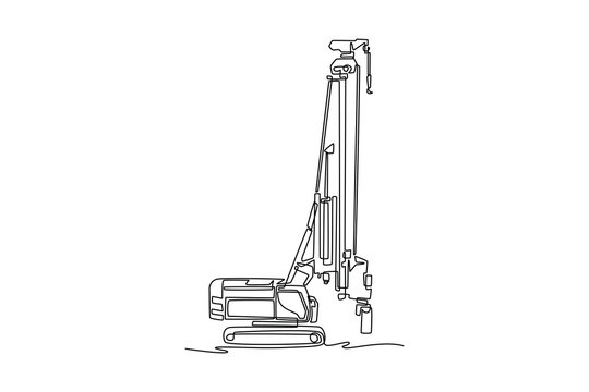 Continuous one line drawing heavy industrial piling rig or rotary drilling vehicle used for deep foundation construction, mining site preparation. Single line draw design vector graphic illustration