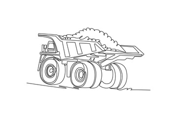 Continuous one line drawing back view of massive industrial mining dump truck carrying heavy load, showcasing its large wheels and mechanical build. Single line draw design vector graphic illustration © onetime