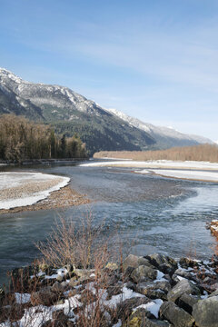 Brackendale Eagle Run Vista Point along the Squamish River during a winter season in Squamish, British Columbia, Canada