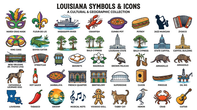 Louisiana State Cultural Symbols and Icons Sheet Collection Vector Illustration