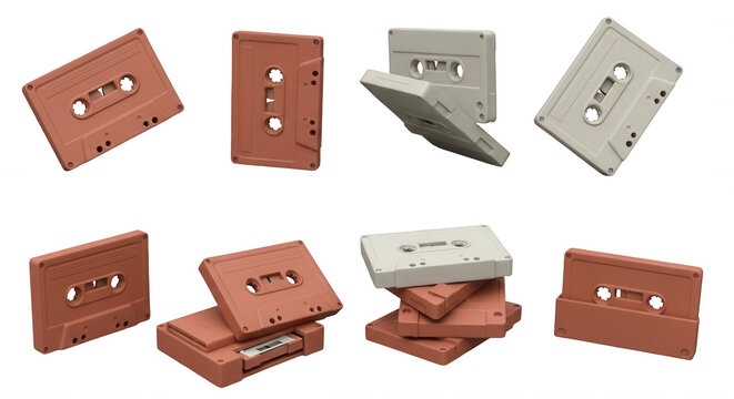 assorted audio cassettes tumbling on a white background suggesting retro music for vintage design