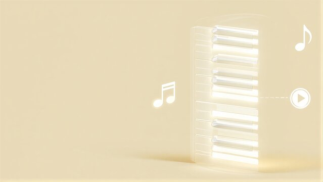 Transparent piano keys with floating musical notes and a play button against beige background.