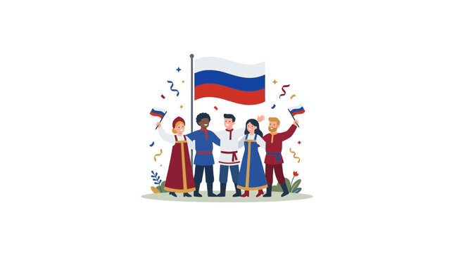 Group of people in traditional Russian costumes with national flag