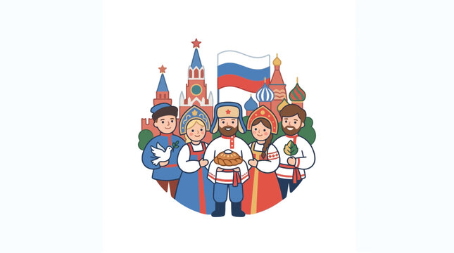 Group of People in Traditional Russian Costumes with Kremlin Background