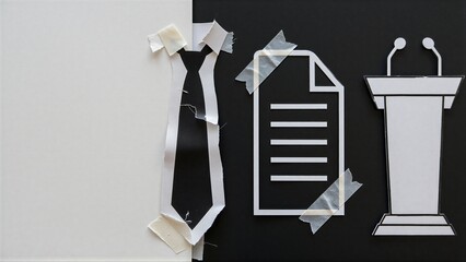 Obraz premium Tie, document, and podium cutouts taped to split black-white background.