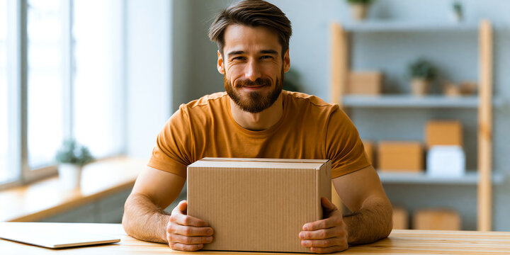 An online seller smiles while packing a cardboard box at a bright home office desk, surrounded by shipping supplies, a laptop and stacked packages ready for delivery with quiet charm.