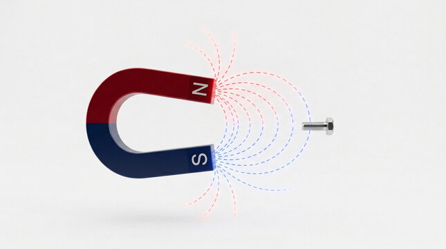 Magnetic pull symbol with horseshoe magnet. Visual science icon showing attraction force.