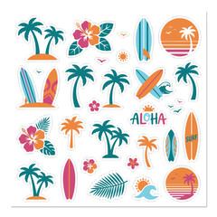 Hawaiian Tropical Beach Vibe Sticker Set with Palm Trees and Surfboards © Nana