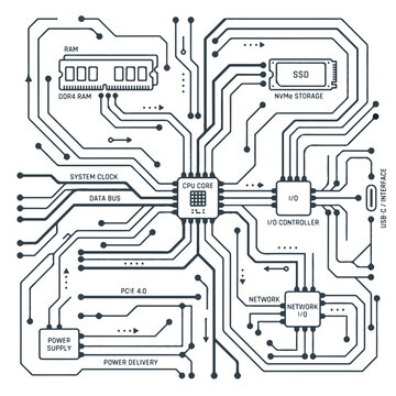 Modern Computer Motherboard Circuit Diagram with Cpu Core and Components
