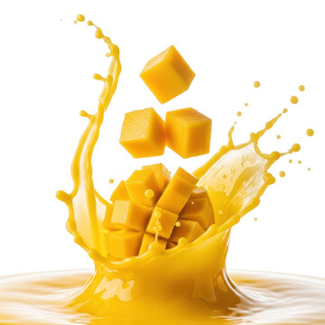 Golden alfonso mango cubes in a vibrant yellow juice splash, frozen mid-air on a white studio background. Concept for beverage advertising