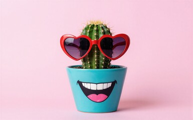 Fototapeta premium Cactus in red heart sunglasses, smiling pot on pink background.