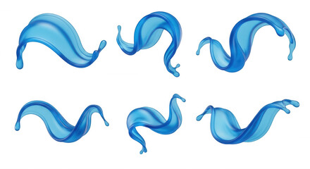 Fototapeta premium 3d rendered illustration set of blue water splashes isolated on a white background suggesting movement and fluidity useful for design assets