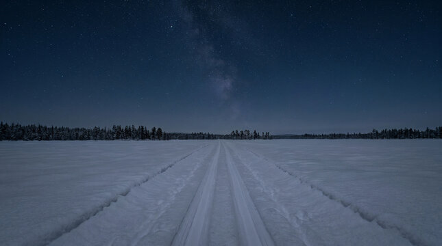 Snowy winter path through Nordic pine forest under starry night sky and milky way