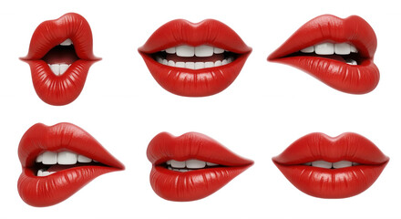 Obraz premium close-up of six pairs of red lips displaying different expressions on a white background beauty and cosmetics advertising