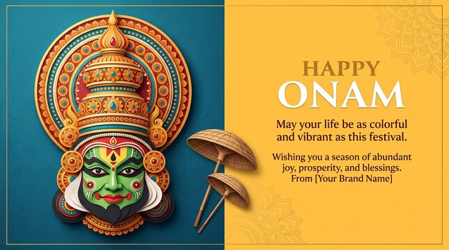 Onam festival background for South India Kerala traditional celebration. Onam Kathakali dancer with umbrella. Vector illustration.