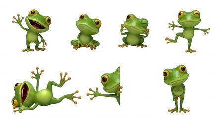 Fototapeta premium cartoon frogs in various poses on white background for educational creative or promotional purposes