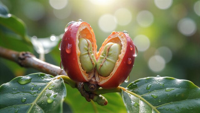Fresh coffee cherries split open, revealing green seeds glistening with dew.