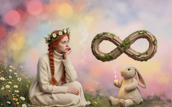 Red-haired woman in floral field, candlelight, infinity symbol floats above.