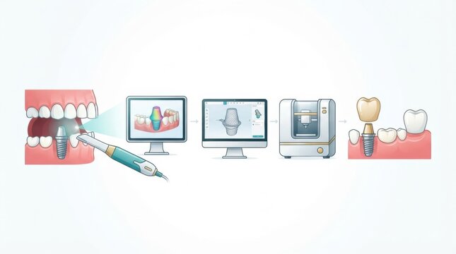 The process shows dental implant surgery with a scanner capturing data and creating a titanium tooth replacement for a patient.