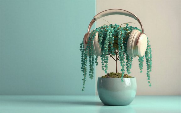 Headphones atop beaded plant in pastel pot, serene studio backdrop.