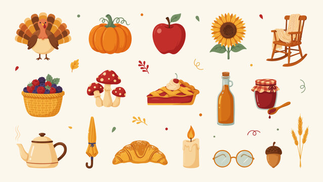Harvest celebration graphics. Autumn food, seasonal objects and Thanksgiving icons for menus, greeting cards, posters and festive decorations.