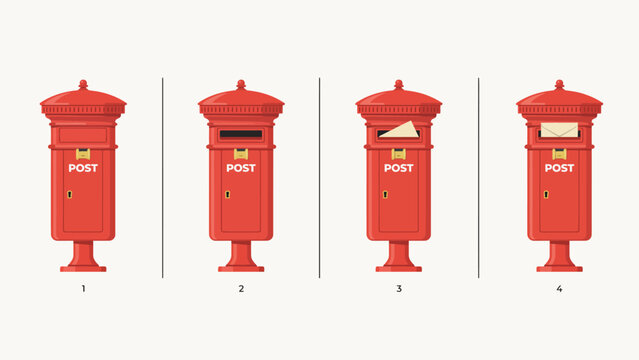Classic mailbox illustration set. Red post boxes with open and closed mail slots for postal services, communication concepts, travel graphics and editorial artwork.