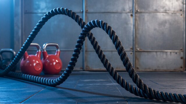 Coiled battle ropes and red kettlebells on gym floor, industrial backdrop.