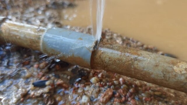 Water spraying high from a crack in a damaged PVC pipe connector on muddy ground.