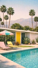 Obraz premium Retro poolside paradise with palms mobile wallpaper