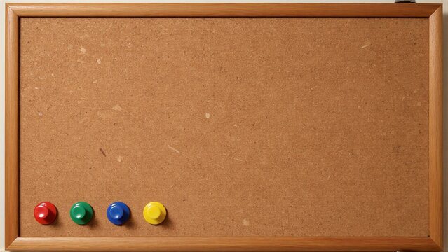 Wooden-framed corkboard with four colorful pushpins arranged in a row.